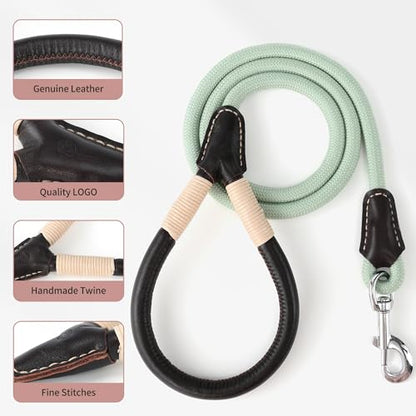 Mile High Life Dog Leash, Rope Leash with Genuine Leather Connection and Heavy Duty Metal Clasp, Great for Small Medium Large Dogs(Green,48 Inch) - color: Leather Handle-Light Green, size: 48 Inch-1/2"