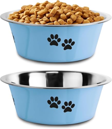 Stainless Steel Dog Bowls, Nonslip Rubber Bottom No Spill Proof Skid Metal Insulated Dog Bowls for Large Medium Small Breed Dogs (Blue, 6.6 Cups/53 OZ) - color: Blue, size: 6.6 Cups/53 OZ
