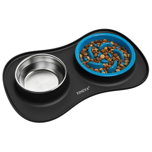 YINEYA 3 in 1 Slow Feeder Dog Bowls & Stainless Steel Food and Water Bowl with Non-Spill Dog Bowl Mat, Anti-Choking Puppy Bowls, Floor Safe & Easy Clean for Large Medium Small Dogs Cats - color: Black, size: Medium