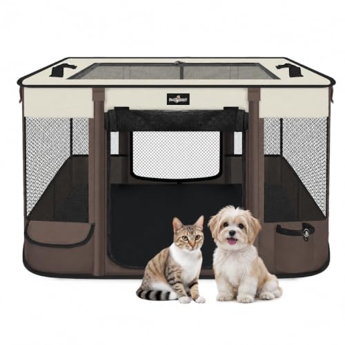 Paw Ballet Foldable Pet Kitten Playpen, Upgrade Waterproof Portable Dog Cat Playpen Kennel Tent for Small Cat Dog, Retractable Shade Cover with Carrying Case, Indoor Outdoor Use for Small Pet. - color: Brown 03, style: Large(35.4''×27.5''×23.6'')