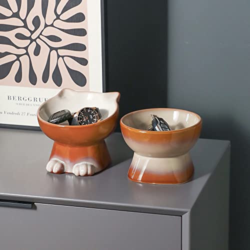 Nihow Elevated Cat Bowls,6 Inch Ceramic Raised Cat Food and Water Bowl Set | Slanted,Whisker Friendly,for Protecting Pet's Spine,Microwave & Dishwasher Safe ,Elegant Brown,6.8 OZ - color: Brown, size: 6.8 OZ+15.5 OZ