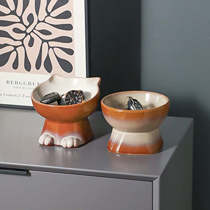 Nihow Elevated Cat Bowls,6 Inch Ceramic Raised Cat Food and Water Bowl Set | Slanted,Whisker Friendly,for Protecting Pet's Spine,Microwave & Dishwasher Safe ,Elegant Brown,6.8 OZ - color: Brown, size: 6.8 OZ+15.5 OZ
