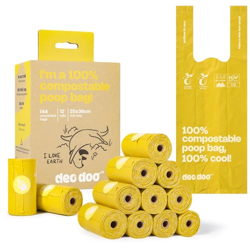 Compostable Dog Poop Bags with Handles 144 Count - Biodegradable Poop Bags for Dogs, Leak Proof, Extra Thick, ASTM D6400 Certified, Unscented - color: Yellow-100% Compostable