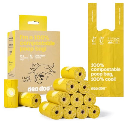 Compostable Dog Poop Bags with Handles 144 Count - Biodegradable Poop Bags for Dogs, Leak Proof, Extra Thick, ASTM D6400 Certified, Unscented - color: Yellow-100% Compostable