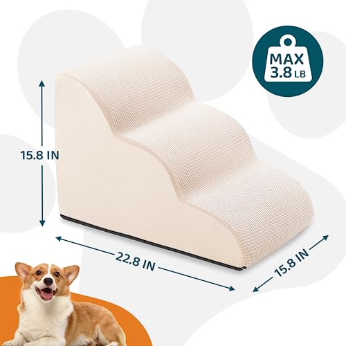 Dog Steps for Small Pets, Dog Stairs for High Beds and Couch, 16" 3-Step High Density Foam Pet Stairs for Dogs Injured, Older Dogs Cats, Pet with Joint Pain (Beige) - size: 3-Steps
