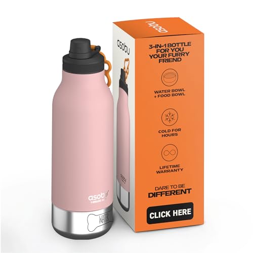 asobu Dog Barky Bottle – Insulated Stainless Steel Water Bottle with 2 Removable Dog Bowls for Food, Treats & Water – Pet-Friendly Travel Bottle for Hiking, Road Trips & Outdoor Adventures - color: Pink