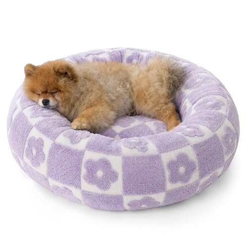 LE SURE Shown on TV Donut Dog Beds for Small Dogs - Calming Cat Sofa as Bed Gift for Indoor Cats with Washable Cover, Round Home Decor Cute Pet Beds with Jacquard Shaggy Plush, 23 Inch, Flower Checks - color: Flower Checks, size: 23.0"L x 23.0"W x 7.0"Th