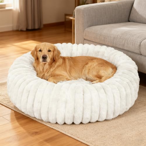 Washable Extra Large Dog Bed,Calming Anti Anxiety Round Donut Dog Bed,Fluffy Puppy Beds for Small Dogs,Cute Kitten Cat Beds for Indoor Cats,Anti-Slip Comfort Pet Beds for Extra Large Size(White,XXL) - color: White, size: XXL(36"L x 36"W x 10"Th)