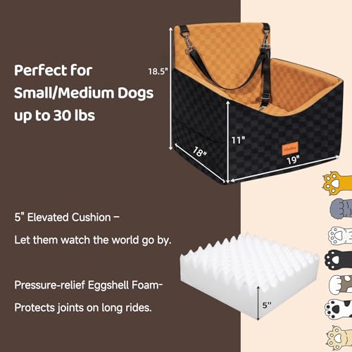 Dog Car Seats for Small Medium Dogs Up to 35lbs | Elevated Dog Booster Seat with Detachable Washable Cover & Cushion | Memory Foam Pet Car Travel Seat with Safety Belt and Storage Pockets - color: Brown