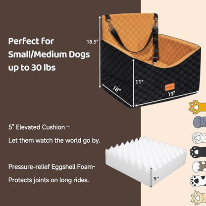 Dog Car Seats for Small Medium Dogs Up to 35lbs | Elevated Dog Booster Seat with Detachable Washable Cover & Cushion | Memory Foam Pet Car Travel Seat with Safety Belt and Storage Pockets - color: Brown