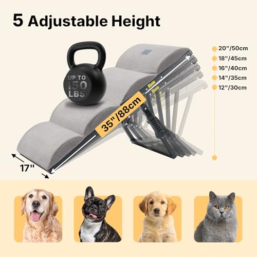 Veehoo Dog Ramp for Bed Couch Height Adjustable from 12" to 20", Foldable Stairs for Dogs to Get on Bed 17" Extra Wide, Portable Pet Doggie Steps Indoor with Non Slip Pad, Support up to 150 lbs - size: 35"L x 17"W x 20"H