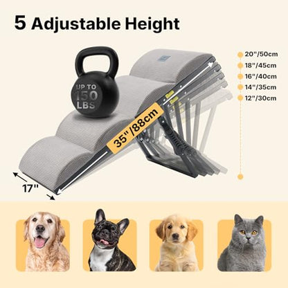 Veehoo Dog Ramp for Bed Couch Height Adjustable from 12" to 20", Foldable Stairs for Dogs to Get on Bed 17" Extra Wide, Portable Pet Doggie Steps Indoor with Non Slip Pad, Support up to 150 lbs - size: 35"L x 17"W x 20"H