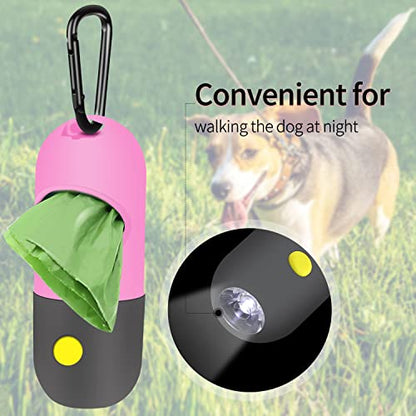 2 Pack Dog Poop Bag Dispenser with Built-in LED Flashlight, Pet Waste Bag Holder for Leash with Carabiner Clip for Lead Leash, 2 Rolls Leak-proof Doggy Waste Bags for Dog Walking, Pink, Eliamo - color: Pink