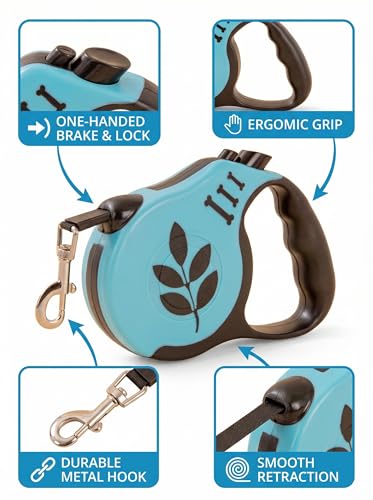 3 Meter Retractable Dog Leash Leaf Print, 10ft Nylon Tape with One-Handed Brake for Pet Walking and Training - color: Blue
