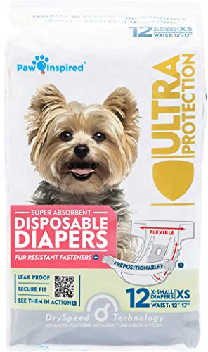 Paw Inspired Disposable Dog Diapers | Female Dog Diapers Ultra Protection | Diapers for Dogs in Heat, Excitable Urination, or Incontinence (12&144 Count) (X-Small (12 Count)) - size: X-Small (12 Count)