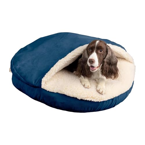Snoozer Cozy Cave Dog Bed - Indoor Dog Bed with Cover Cave, Covered Calming Burrow for Small Sized Pets with Blanket Attached, Enclosed, Removable Washable Cover - Small, Sapphire - color: Sapphire, size: 25.0"L x 25.0"W x 8.0"Th
