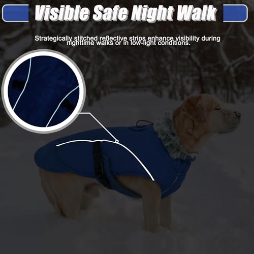 DENTRUN Warm Dog Winter Coat, Easy On Reflective Turtleneck Fleece Jacket | Adjustable buckle, easy on off, windproof & water-repellent, thick fleece snowsuit, outfit fits small to large breeds - color: Blue, size: Large