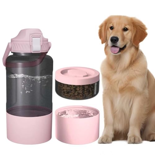 Cibaabo 53oz Large Dog Water Bottle with Water & Food Bowl, 3-in-1 Portable Pet Feeding & Hydration Dispenser for Large Dogs & Humans, Leak-Proof Tritan Bottle for Hiking, Camping, Walking, Car Trips - color: Pink