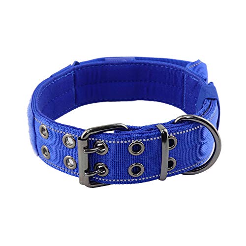 Reflective Dog Collar Heavy Duty Tactical with Control Handle and Metal Buckle for Dog Training(Large, Blue) - color: Blue, size: Large (Pack of 1)