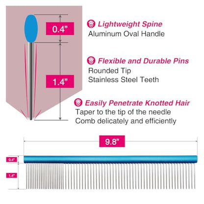 Greyhound Oval Grooming Comb – Aluminum handle, Stainless Steel Teeth Comb for Long-Haired Dogs & Cats, Removes Mats, Tangles, and Loose Fur – Lightweight for Deshedding (Silver/Blue, 9.8") - size: 9.8"