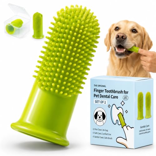 Dog Finger Toothbrush 2 Pack, Small & Large Sizes for Better Finger Fit, Soft Food Grade Silicone Dog & Cat Toothbrush, 180° Bristles for Plaque & Tartar Removal, Pet Teeth Cleaning & Bad Breath Care