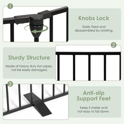 SMONTER Freestanding Dog Gate with Door Walk Through, 152" Extra Wide Foldable Dog Fence, 6 Panels 29" Tall Metal Pet Gate for Stairs, Hallways - size: 6 Panels 152" W x 29" H