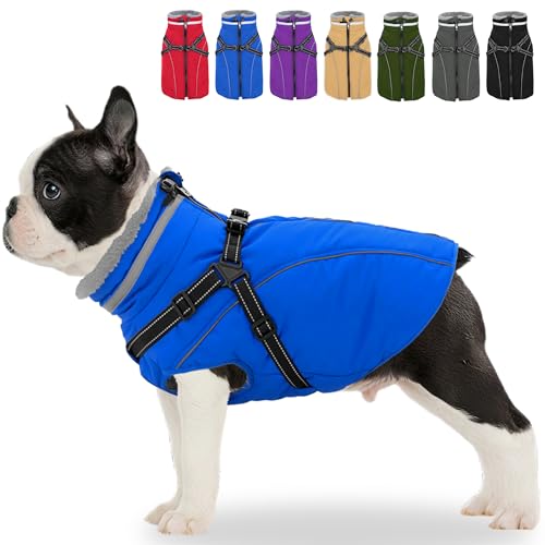 Fragralley Dog Coat with Harness Built in, Waterproof Windproof Reflective Warm Puffer Jacket, Fleece Lined Vest Winter Parka for Small, Medium, Large Dogs - color: Blue, size: X-Small