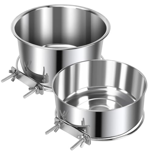 2 Pcs Large Pet Dog Food Water Bowl for Cage Stainless Steel Non-Spill Kennel Hanging Cats Bowls with Clamp Holder Crate Feeder Dish for Medium Large Dogs Huge Pets (7.1x3.7'' & 7.1x2.5'') - color: Silver, size: L (82 & 56 OZ)