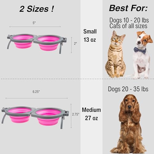 Loving Pets Bella Roma Double Diner Collapsible Dog Bowls - Silicone Dog Bowls, Foldable Bowl, Puppy Essentials & Hiking Pet Supplies Great for Home & Travel (Pink, Small) - color: Pink