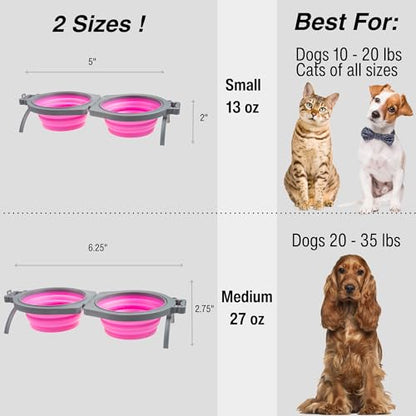 Loving Pets Bella Roma Double Diner Collapsible Dog Bowls - Silicone Dog Bowls, Foldable Bowl, Puppy Essentials & Hiking Pet Supplies Great for Home & Travel (Pink, Small) - color: Pink