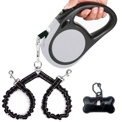 Dual Retractable Dog Leash for 2 Large Dogs (Up to 110 Lbs Each) - 18.5 FT Extendable Double Headed Pet Leash with Poop Bags, Non Slip Grip - One Button Break & Lock, 360 Tangle-Free (Gray, Large) - color: Gray, size: Large