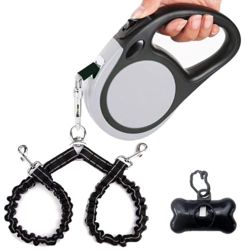 Dual Retractable Dog Leash for Walking 2 Small Dogs(Up to 44 Lbs Each) - Double Headed 18.5ft Extendable Pet Leash with Poop Bags, Non Slip Grip, One Button Control, 360 Tangle-Free (Gray, Medium) - color: Gray, size: Medium