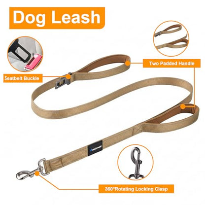 Annchwool No Pull Dog Harness,Heavy Duty Reflective Collar & Leash Set-Leash with Double Handle & Car Seatbelt Clip-Easy Control for Walking Training Medium Large Size Dogs(Brown,XL) - color: Brown, size: XL