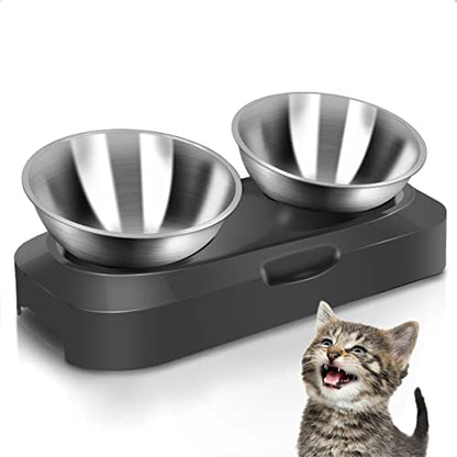 AYADA Raised Cat Food Bowl, Stainless Steel Cat Dish for Dry Wet Food Water, Anti Vomiting Elevated with Stand Ergonomic Lifted Slanted Tilted 15 Angle Metal Single Kitty Kitten Pet Bowl (Double) - color: Double