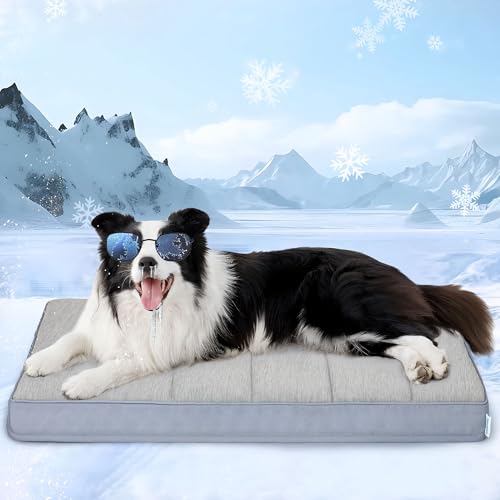 Cooling Dog Bed for Large Dogs - Orthopedic Pet Beds with Memory Foam, QMAX>0.5, Waterproof Removable Washable Cover for Hot Weather, Gery, 35" L x 23" W x 3" H - color: Grey, size: 35"L x 23"W x 3"H