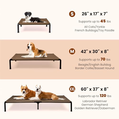 Heeyoo Elevated Dog Bed, Cooling Raised Pet Cot with Chew Proof Mesh Fabric and Steel Frame, Portable Dog Cot Bed with No-Slip Rubber Feet, 26 in - color: Brown, size: 26"L x 17"W x 7"H