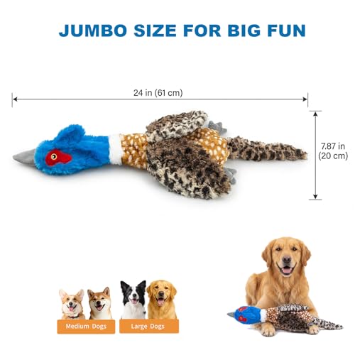 24” Jumbo Quilted Duck Dog Toy – Durable Tie-Dye Plush Bird with Double Squeakers & Crinkle Sound, No Stuffing Interactive Toy for Medium & Large Dogs - color: Blue/Brown/Orange