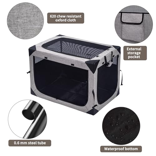 Hiaksedt Dog Crates - 36 Inch Collapsible Soft Dog Crate, 3-Door Foldable Soft Kennel for Large Dogs, Portable Pet Travel Cage with Chew Proof Mesh Window for Outdoors