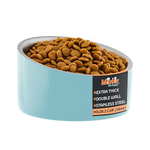 Master Pet Supply Stainless Steel Slanted Dog Cat Food Bowl - 16 oz Heavy Duty - Aqua Sky, Double Wall Insulated, Non-Slip Elevated Bowl for French Bulldogs Pugs Cats, Anti Rust Dishwasher Safe - color: Aqua Sky, size: 2 Cups (16 oz)