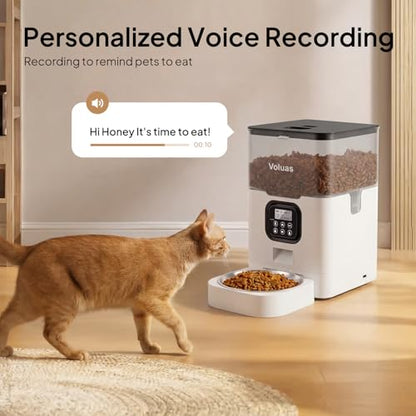 VOLUAS Automatic Cat Feeders - Dry Food Dispenser with Timer, Desiccant Bag, Programmable Portion Size Control 4 Meals Per Day, 10s Voice Recorder | Programmable Portion Control, Up to 4 Meals Daily, Dual Power Supply, Power-Off Memory, 10-Second Voice Re