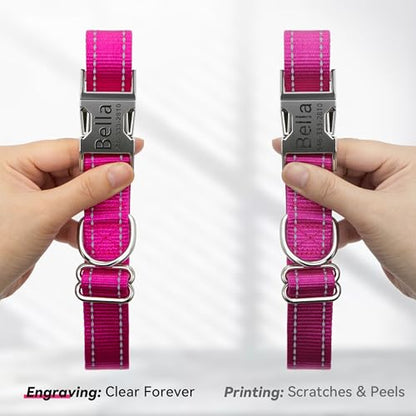 Personalized Reflective Dog Collar with Name and Phone Number, Engraved Pet ID Tag, Adjustable Nylon Collar with Quick Release Metal Buckle