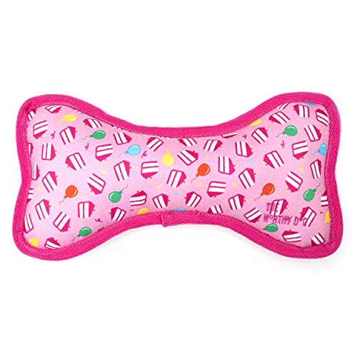 The Worthy Dog Birthday Girl Bone Dog Toy – Chomp-Resistant Durable Dog Toy with Multiple Squeakers, Reinforced Mesh Lining & Strong Stitching - Pink, Small - color: Birthday Girl Bone - Pink, size: Small