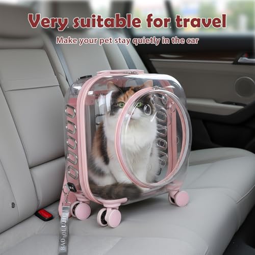 Cat Carrier with Wheels & Detachable Strap – Rolling Pet Trolley with Telescopic Handle, Transparent Hard Shell, Silent Wheels, Ventilated Design for Travel, Walking, Vet Visits for Small - color: Pink