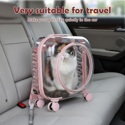Cat Carrier with Wheels & Detachable Strap – Rolling Pet Trolley with Telescopic Handle, Transparent Hard Shell, Silent Wheels, Ventilated Design for Travel, Walking, Vet Visits for Small - color: Pink