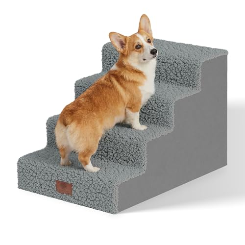 AKC – 4-Step Pet Stairs for Beds & Couch | Built for Small Dogs & Small Breeds | Long-Back & Senior Dogs | Lightweight, Soft, Non-Slip, Washable | No-Tool Assembly | Supports 35 lbs | 16x24x14.2 in