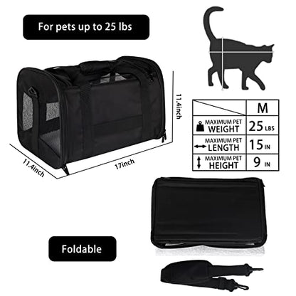 Cat Carrying Case - Pet Carrier Airline Approved, Protable and Breathable Pet Travel Carrier Removable Fleece Pad, Collapsible Cat Carrier Dog Carrier for Medium Cats Small Cats Dogs(Medium, Black) - color: black, size: 17.0"L x 11.0"W x 11.0"H