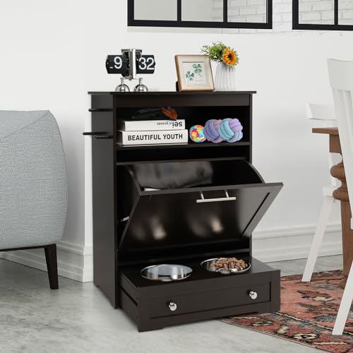 Dog Feeding Station with Double Bowls, Large Pull Out Dog Feeder & Food Storage (Brown) - color: Brown