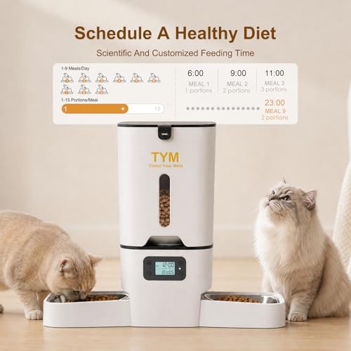 TYM Automatic Cat Feeder 2 Cats, 7L Cat Dry Food Dispenser with Double Bowls, Dual Auto Dog Feeder with Programmable Timer, Dual Power Supply, Easy to Clean for Multiple Cats and Small Dogs - color: White-2a