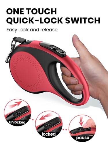 Retractable Dog Leash with Led Light, Douexio 16ft Heavy Duty Dog Leash Retractable for Medium Large Dogs Up to 110lbs,360° Tangle-Free, One-Button Control, High Strength Hook (Red, 66-110lbs) - color: Red, size: 66-110lbs