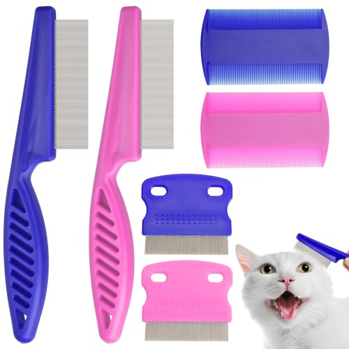 Flea Comb for Cats Dogs, 6 Pack Flea and Lice Grooming Comb Set for Cats, Pet Grooming Tools for Small, Medium & Large Pets (Pink & Blue) - color: Blue&Pink 8P